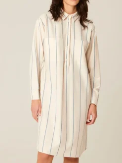 Lounge-Wear^Pluto 100% Baumwolle Nachthemd CAMELIA beige blau-gestreift von beige mit blauen Streifen