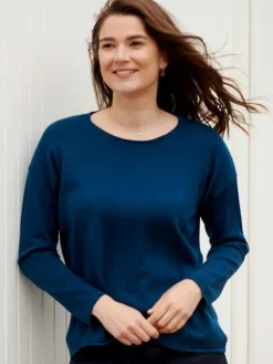 Lounge-Wear|Langarm^Kokon Zwo 100% Merinowolle kbT Feinstrick Boxy-Pullover blau oder rot