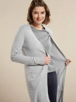 Lounge-Wear|Strickjacken & -Mäntel^Kokon Zwo 100% Merinowolle kbT Feinstrick Long-Strickjacke grau von hellgrau meliert