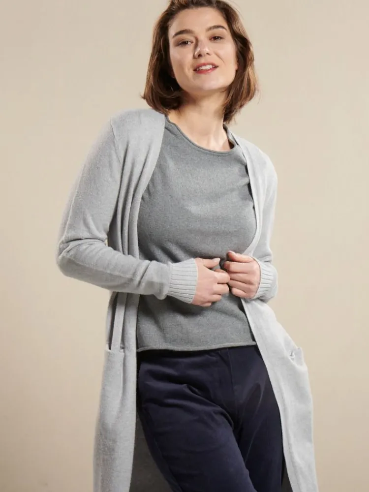 Lounge-Wear|Strickjacken & -Mäntel^Kokon Zwo 100% Merinowolle kbT Feinstrick Long-Strickjacke grau von hellgrau meliert