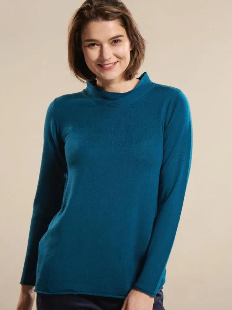 Lounge-Wear|Langarm^Kokon Zwo 100% Merinowolle kbT Feinstrick Turtleneck Pullover von petrol