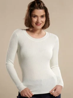 Lounge-Wear|Langarm^Kokon Zwo 100% Merinowolle kbT Rippstrick Pullover von wollweiß