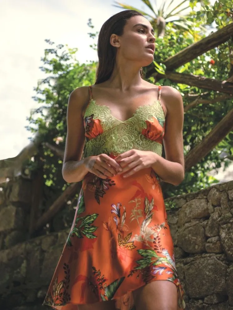 Alle Negligés|Seidenneglige^Luna di Seta 100% Seide Baby-Doll TROPICAL GARDEN orange-bunt von orange mit buntem Print und limette-grüner Spitze