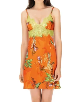 Alle Negligés|Seidenneglige^Luna di Seta 100% Seide Baby-Doll TROPICAL GARDEN orange-bunt von orange mit buntem Print und limette-grüner Spitze