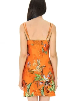 Alle Negligés|Seidenneglige^Luna di Seta 100% Seide Baby-Doll TROPICAL GARDEN orange-bunt von orange mit buntem Print und limette-grüner Spitze