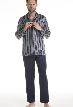 Luxus Schlafanzüge|Seidenschlafanzüge^Verdiani 100% Seide Herren Schlafanzug PURA SETA blau gestreift von dunkelblau und cremeweiß gestreift