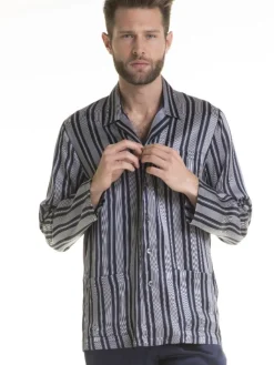 Luxus Schlafanzüge|Seidenschlafanzüge^Verdiani 100% Seide Herren Schlafanzug PURA SETA blau gestreift von dunkelblau und cremeweiß gestreift