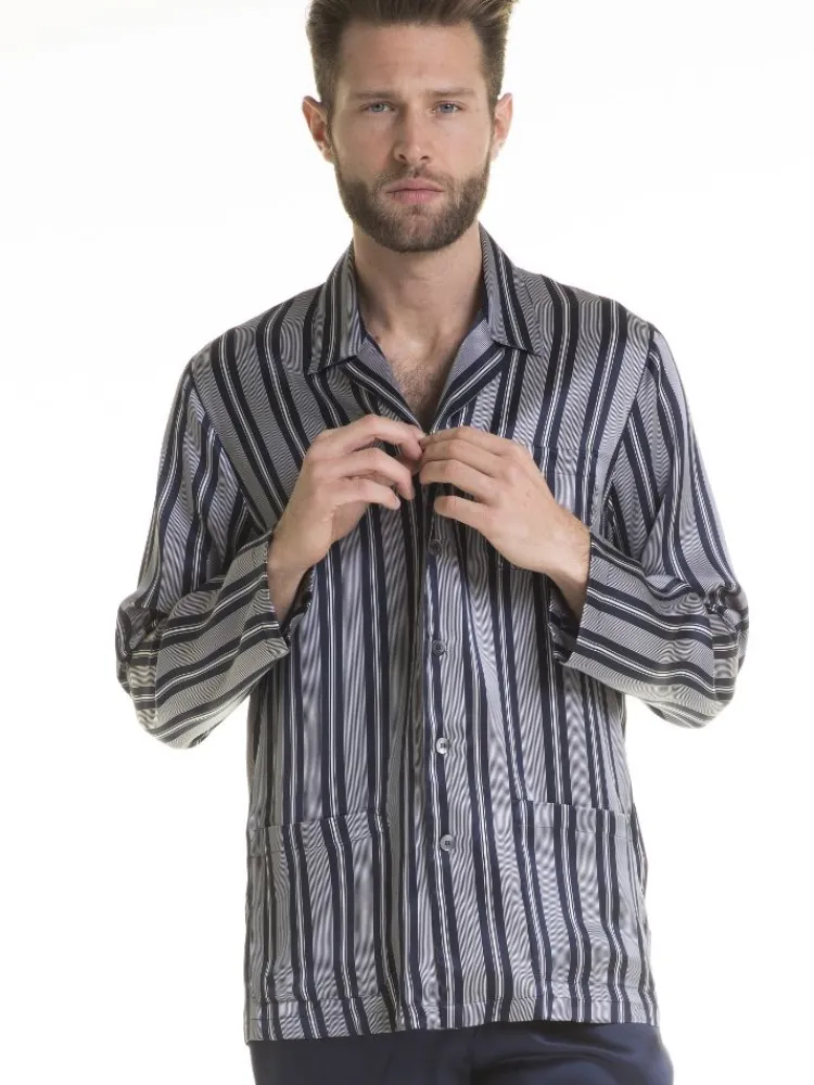 Luxus Schlafanzüge|Seidenschlafanzüge^Verdiani 100% Seide Herren Schlafanzug PURA SETA blau gestreift von dunkelblau und cremeweiß gestreift