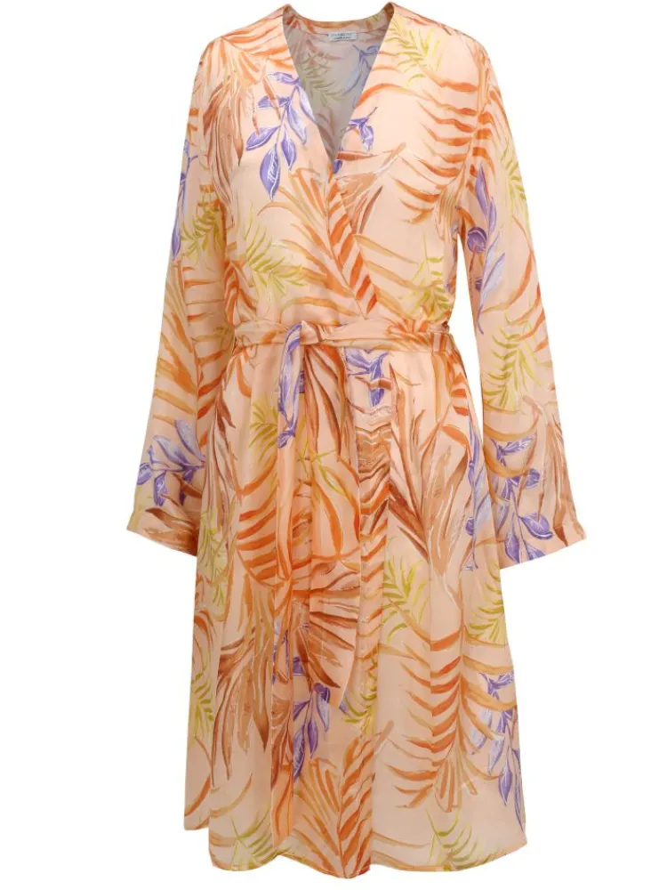 Morgenmantel Kurz|Morgenmantel Aus Satin^Eva B. Bitzer 100% Seide Kimono LEANDRA in apricot von apricot mit orange-lilanem Druck