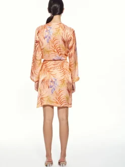 Morgenmantel Kurz|Morgenmantel Aus Satin^Eva B. Bitzer 100% Seide Kimono LEANDRA in apricot von apricot mit orange-lilanem Druck