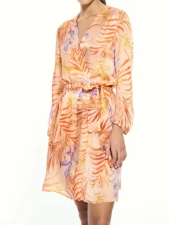 Morgenmantel Kurz|Morgenmantel Aus Satin^Eva B. Bitzer 100% Seide Kimono LEANDRA in apricot von apricot mit orange-lilanem Druck