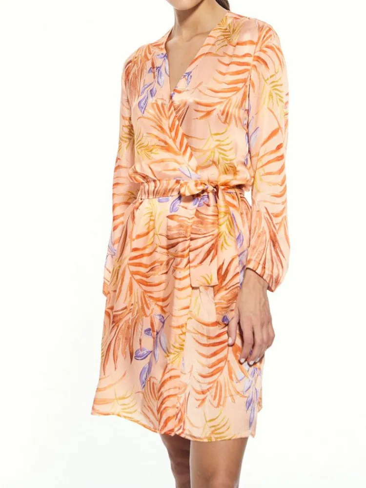 Morgenmantel Kurz|Morgenmantel Aus Satin^Eva B. Bitzer 100% Seide Kimono LEANDRA in apricot von apricot mit orange-lilanem Druck