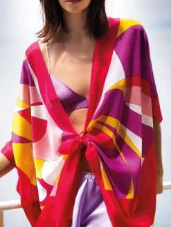 Strandkleider & Sommerkleider|Freizeit- & Reisekleidung^Luna di Seta 100% Seide Kimono MODERN PRINT von fuchsia-gelb oder lila-türkis
