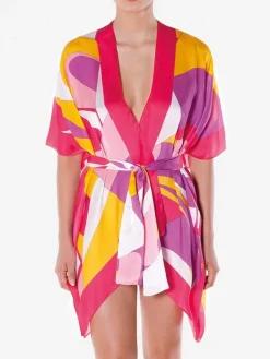 Strandkleider & Sommerkleider|Freizeit- & Reisekleidung^Luna di Seta 100% Seide Kimono MODERN PRINT von fuchsia-gelb oder lila-türkis