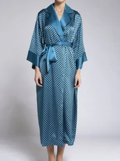 Morgenmantel Lang|Morgenmantel Aus Satin^Vivis 100% Seide Morgenmantel MELISSA von petrol-schwarz