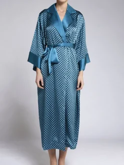 Morgenmantel Lang|Morgenmantel Aus Satin^Vivis 100% Seide Morgenmantel MELISSA von petrol-schwarz