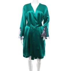 Morgenmantel Kurz|Morgenmantel Aus Satin^Luna di Seta 100% Seide Morgenmantel ROYAL LACE von smaragdgrün oder elfenbein-weiß Spitze