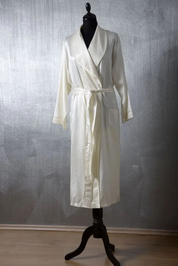 Morgenmantel Lang|Morgenmantel Mit Seide^Plauener Seidenweberei 100% Seide Morgenmantel WELLE naturweiß naturweiss mit eingewebtem Wellenmuster