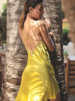 Seidennachthemd^Luna di Seta 100% Seide Nachthemd MODERN PIPING gelb-grün von limette gelb-grün