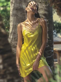 Seidennachthemd^Luna di Seta 100% Seide Nachthemd MODERN PIPING gelb-grün von limette gelb-grün