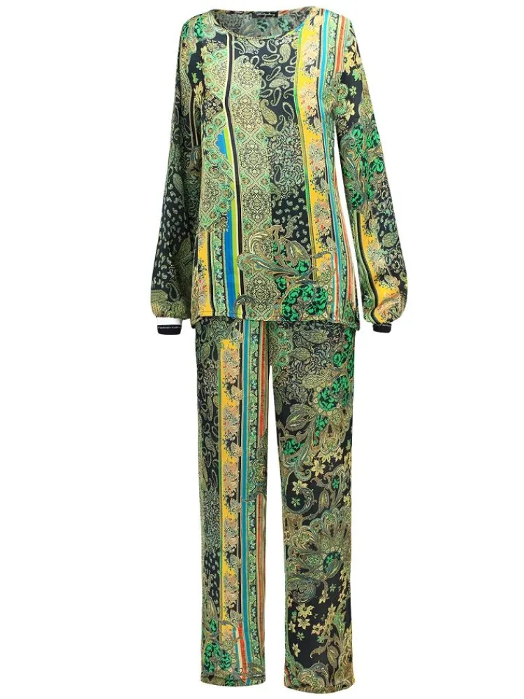 Lounge-Wear|Seidenpyjama^Fu00fcrstenberg 100% Seide Pyjama CHATEAU DE VERSAILLES grün schwarz von Fürstenberg grün gold auf schwarzer Druck