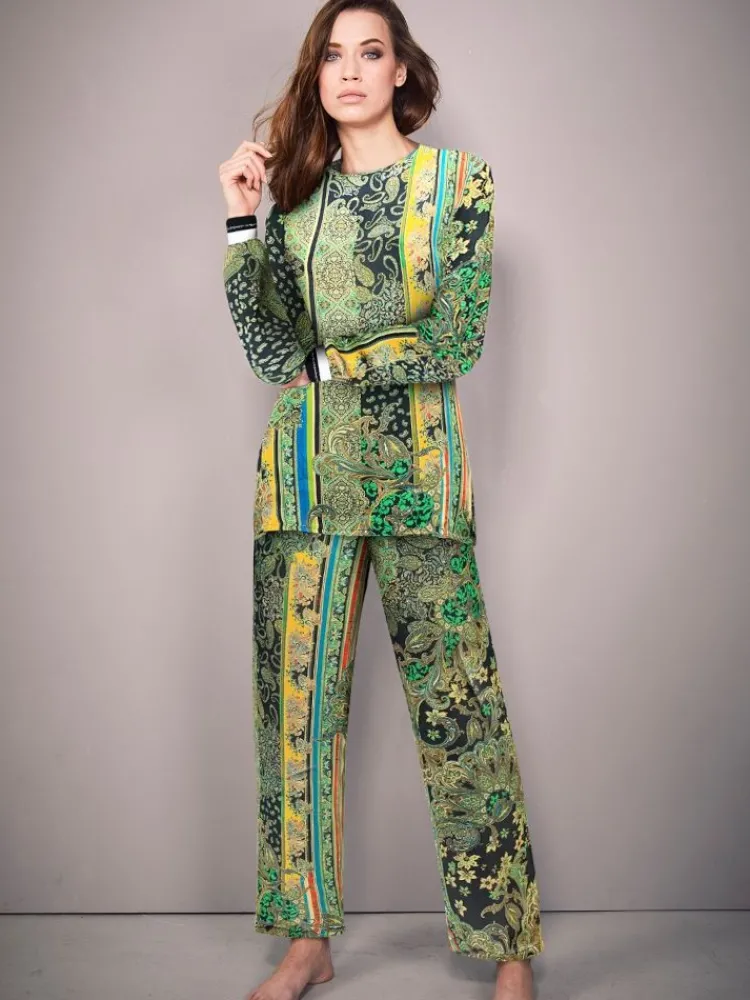 Lounge-Wear|Seidenpyjama^Fu00fcrstenberg 100% Seide Pyjama CHATEAU DE VERSAILLES grün schwarz von Fürstenberg grün gold auf schwarzer Druck