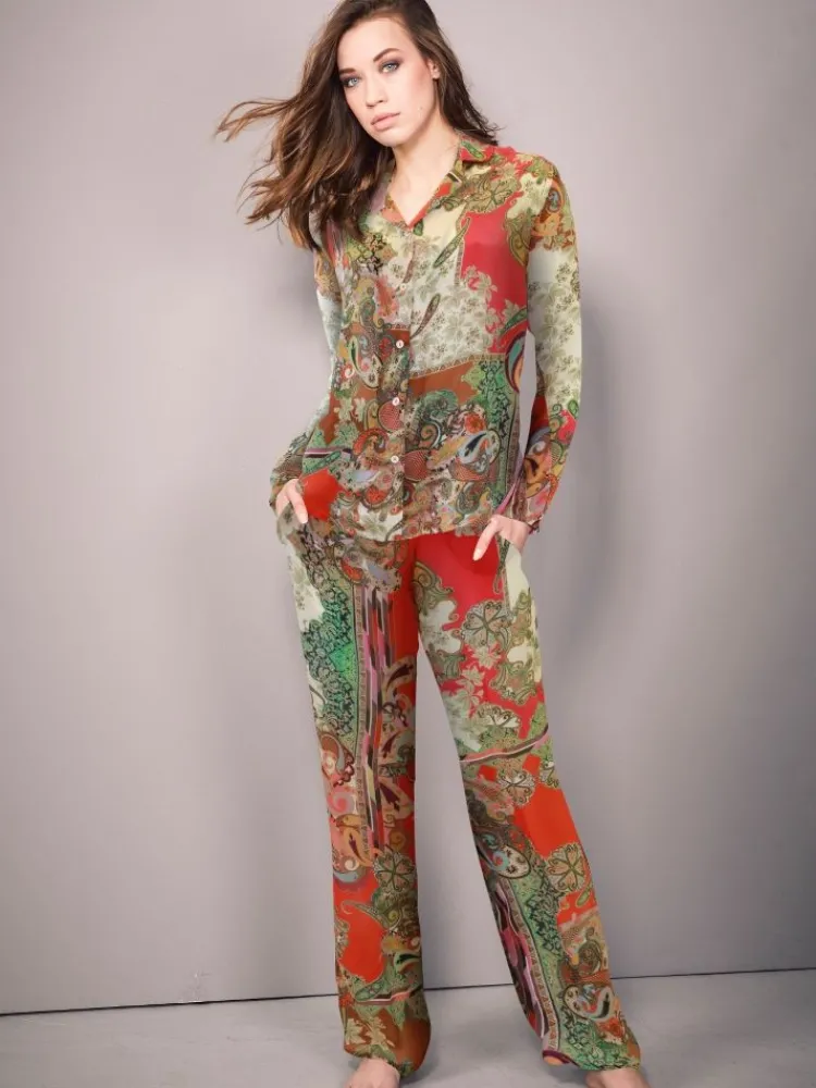 Lounge-Wear|Seidenpyjama^Fu00fcrstenberg 100% Seide Pyjama GRENADINE rot gold von Fürstenberg rot bunter Druck