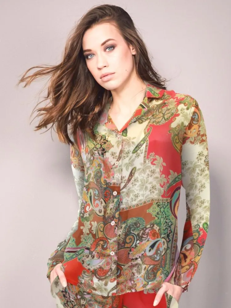 Lounge-Wear|Seidenpyjama^Fu00fcrstenberg 100% Seide Pyjama GRENADINE rot gold von Fürstenberg rot bunter Druck