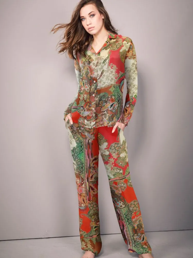 Lounge-Wear|Seidenpyjama^Fu00fcrstenberg 100% Seide Pyjama GRENADINE rot gold von Fürstenberg rot bunter Druck
