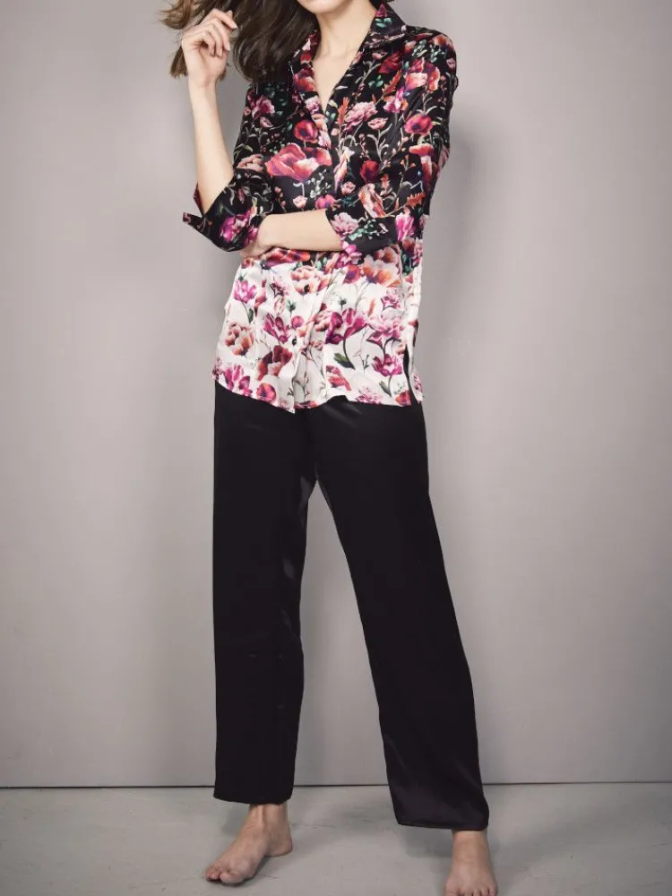 Lounge-Wear|Seidenpyjama^Eva B. Bitzer 100% Seide Pyjama ROSES von schwarz mit rotem Druck