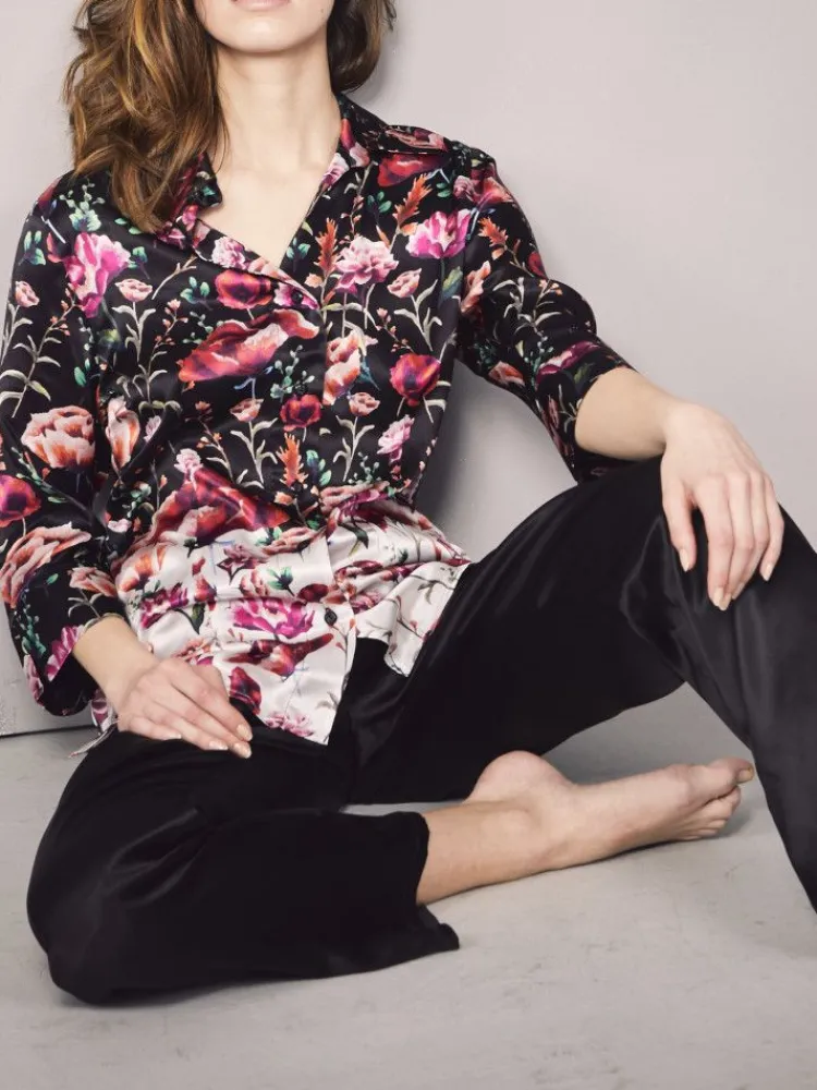 Lounge-Wear|Seidenpyjama^Eva B. Bitzer 100% Seide Pyjama ROSES von schwarz mit rotem Druck