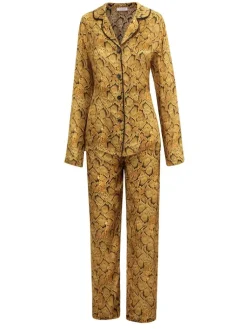 Lounge-Wear|Seidenpyjama^Eva B. Bitzer 100% Seide Pyjama SERPENTE cognac von Schlangenmuster in Naturtönen cognac mit dunkelbraun