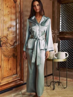 Lounge-Wear|Seidenpyjama^Marjolaine 100% Seide Pyjama SOIE FANTAISIE von nebelgrau oder schiefergrau