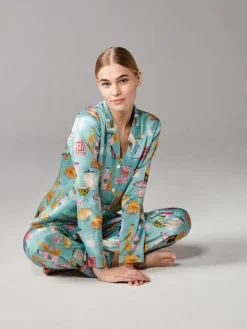 Lounge-Wear|Seidenpyjama^Eva B. Bitzer 100% Seide Pyjama TEA TIME in türkis von türkisblau mit Frühstücksdruck