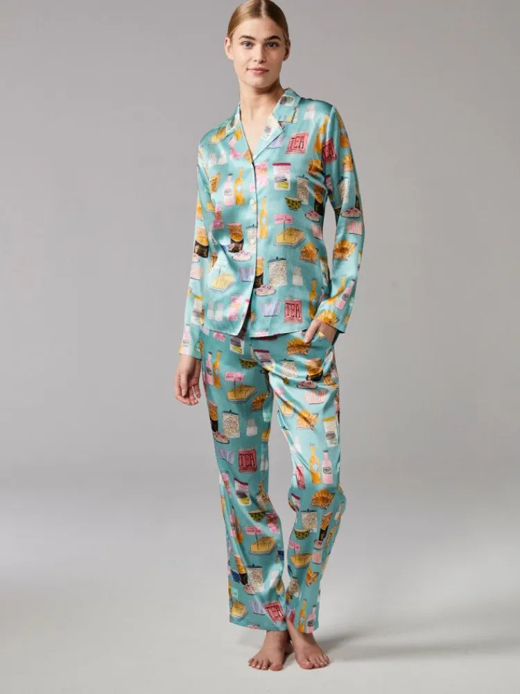 Lounge-Wear|Seidenpyjama^Eva B. Bitzer 100% Seide Pyjama TEA TIME in türkis von türkisblau mit Frühstücksdruck