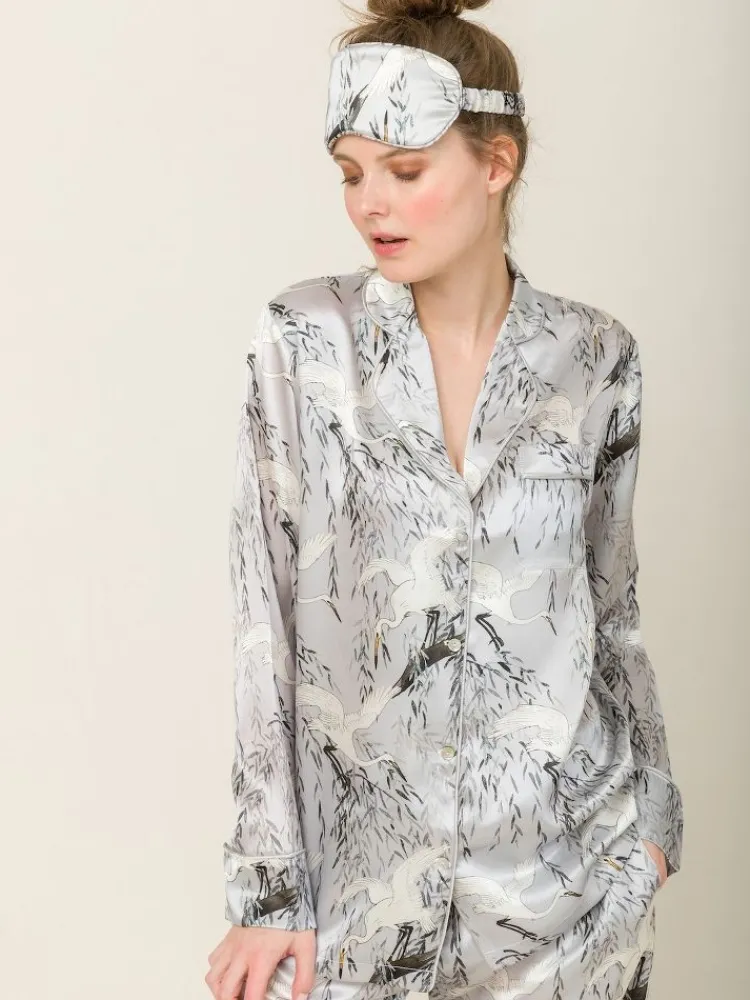 Lounge-Wear|Seidenpyjama^Radice 100% Seide Schlafanzug Elisabetha in JAPANESE GARDEN von silber mit weiß und dunkelgrau