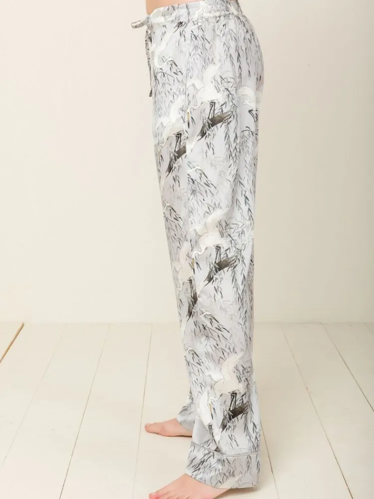 Lounge-Wear|Seidenpyjama^Radice 100% Seide Schlafanzug Elisabetha in JAPANESE GARDEN von silber mit weiß und dunkelgrau
