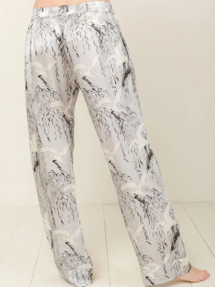 Lounge-Wear|Seidenpyjama^Radice 100% Seide Schlafanzug Elisabetha in JAPANESE GARDEN von silber mit weiß und dunkelgrau