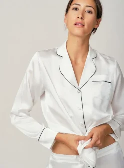 Lounge-Wear|Seidenpyjama^Radice 100% Seide Schlafanzug Elisabetha MOONLIGHT WHITE von cremeweiß mit schwarzer Biese