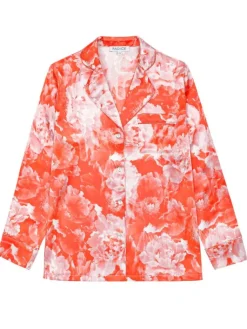 Lounge-Wear|Seidenpyjama^Radice 100% Seide Schlafanzug Elisabetha in TEA GARDEN RED von cremeweiß mit koralle rot