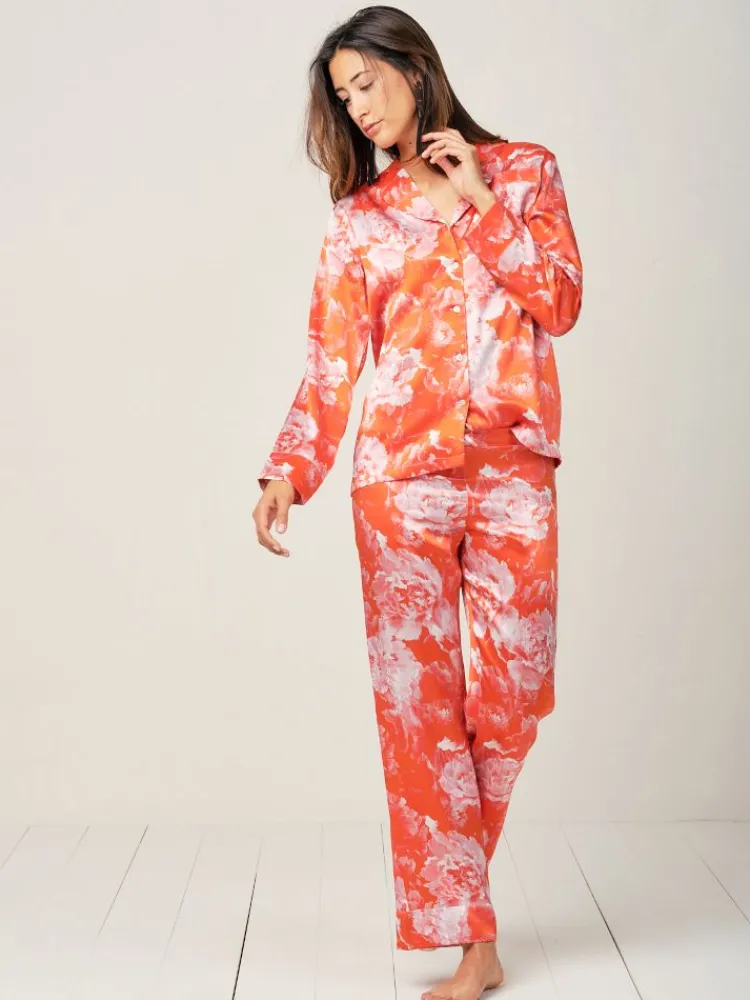 Lounge-Wear|Seidenpyjama^Radice 100% Seide Schlafanzug Elisabetha in TEA GARDEN RED von cremeweiß mit koralle rot