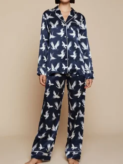 Lounge-Wear|Seidenpyjama^Radice 100% Seide Schlafanzug Elisabetha AVES dunkelblau von dunkelblau mit weiß