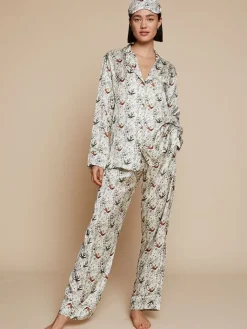 Lounge-Wear|Seidenpyjama^Radice 100% Seide Schlafanzug Elisabetha SEPTEMBER von seidenweiß mit grau-schwarz und rot grün