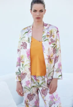 Lounge-Wear|Seidenpyjama^Luna di Seta 100% Seide Schlafanzug SPRING GARDEN rosa von gepunktetes Blumenmuster auf rosa