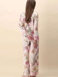 Lounge-Wear|Seidenpyjama^Luna di Seta 100% Seide Schlafanzug SPRING GARDEN rosa von gepunktetes Blumenmuster auf rosa
