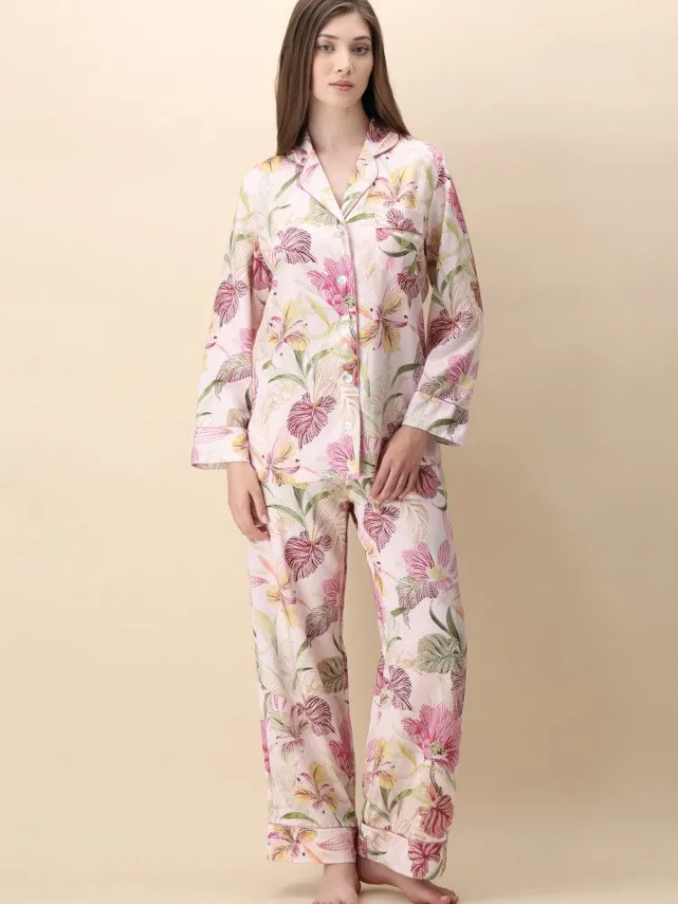 Lounge-Wear|Seidenpyjama^Luna di Seta 100% Seide Schlafanzug SPRING GARDEN rosa von gepunktetes Blumenmuster auf rosa