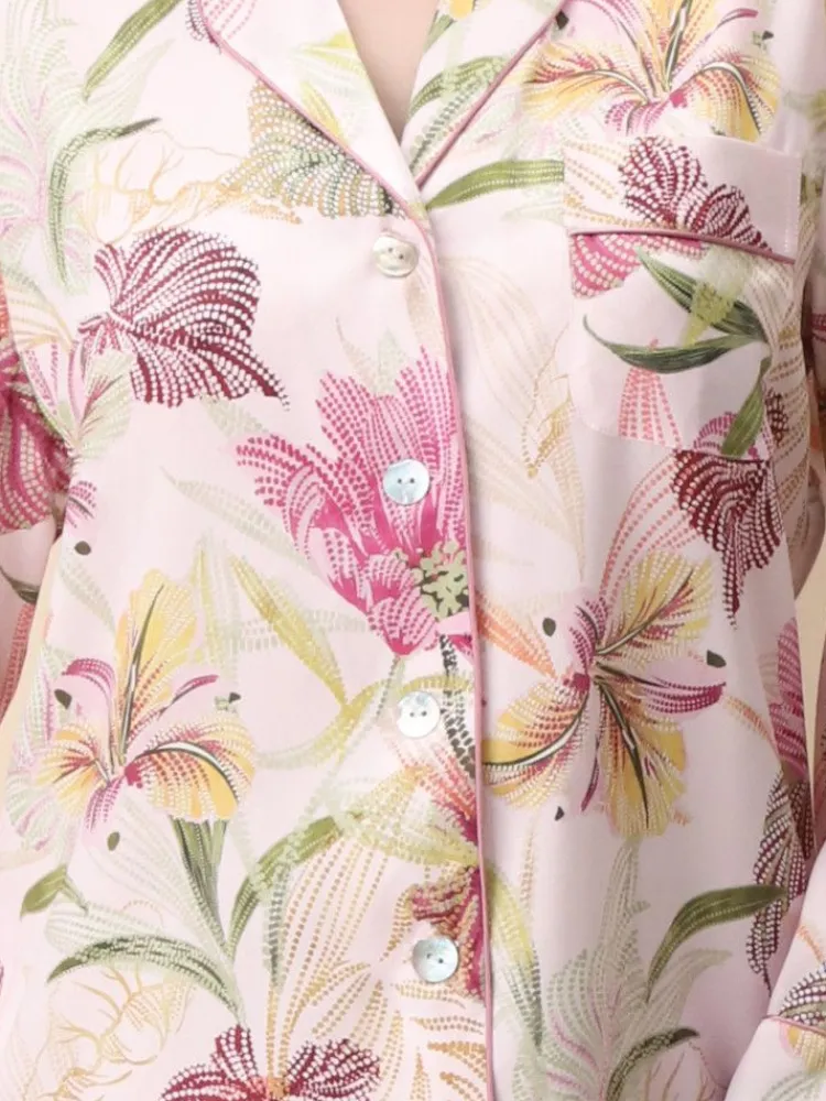 Lounge-Wear|Seidenpyjama^Luna di Seta 100% Seide Schlafanzug SPRING GARDEN rosa von gepunktetes Blumenmuster auf rosa
