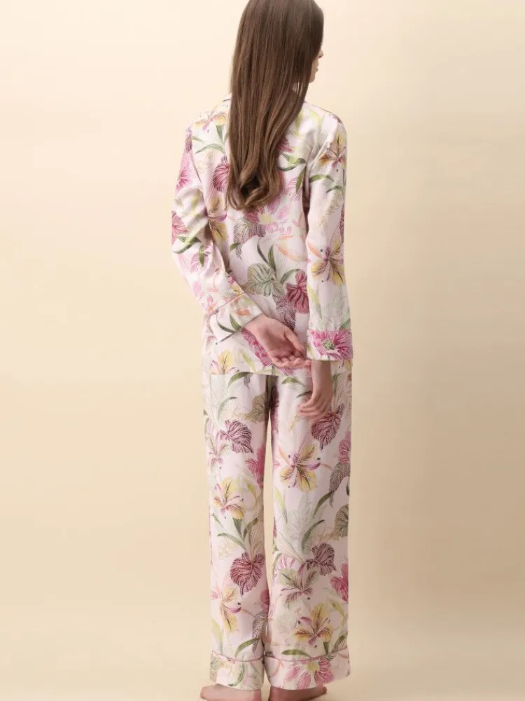 Lounge-Wear|Seidenpyjama^Luna di Seta 100% Seide Schlafanzug SPRING GARDEN rosa von gepunktetes Blumenmuster auf rosa