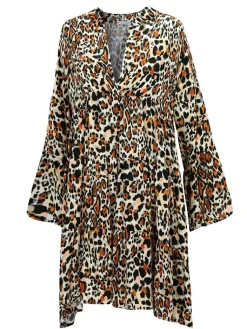 Strandkleider & Sommerkleider|Kaftan, Tunika & Pareo^Eva B. Bitzer 100% Seide Tunika Kleid LEONISSIMA von braun schwarz mit taupe und rosa auf naturweiß