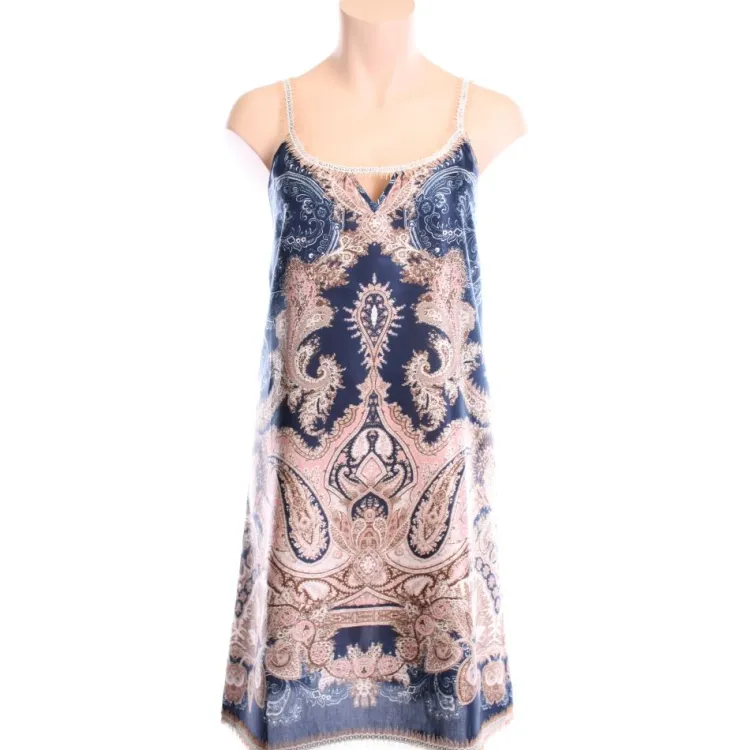 Strandkleider & Sommerkleider|Kleider^Gattina Batist Kleid Baumwolle mit Seide MOON SHADOW blau-gold von dunkelblau und gold bedruckt